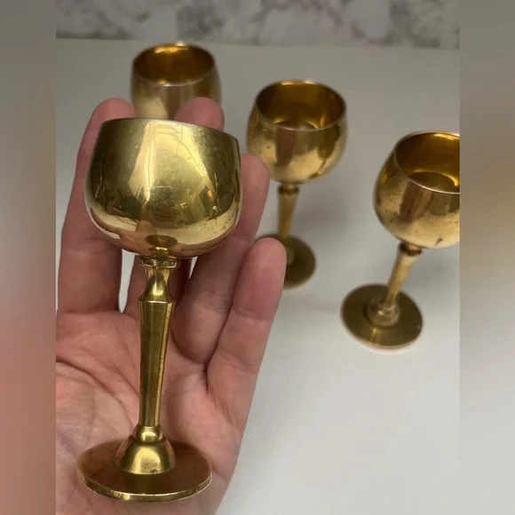 Vintage Solid Brass Wine Goblet Set of 4, Retro Barware - Picture 3 of 7